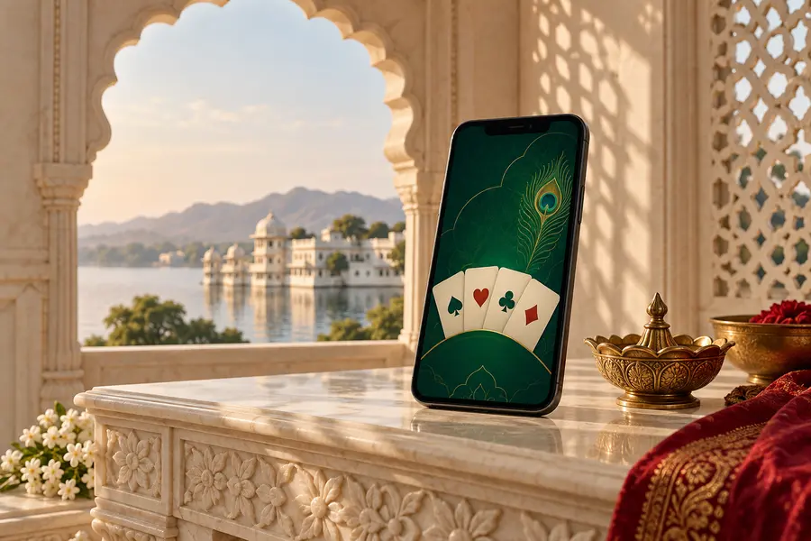 Rummy Palace app concept on a premium mobile device