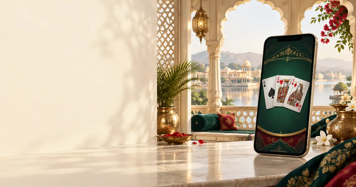 Premium Rummy Palace India mobile and rummy card visual framed by Indian palace arches