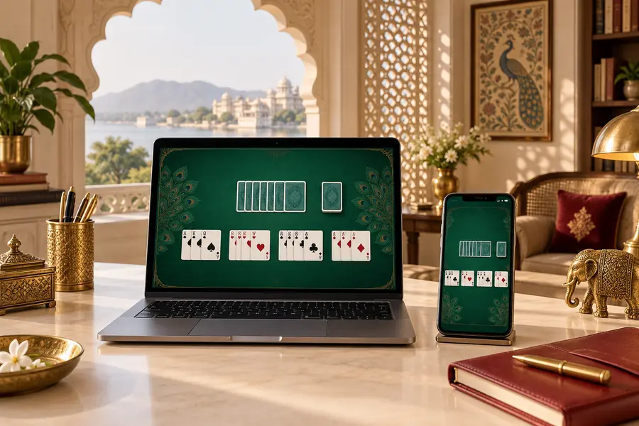 Laptop and phone showing a refined online rummy session